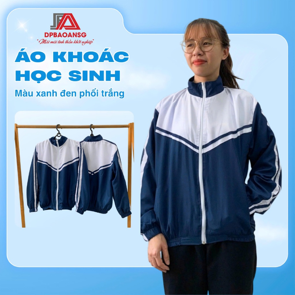 Áo Khoác Đồng Phục Học Sinh Xanh Đen Phối Trắng 2 Lớp Chống Gió Chống Nước Nhẹ - Phù Hợp Cấp 1, 2, 3