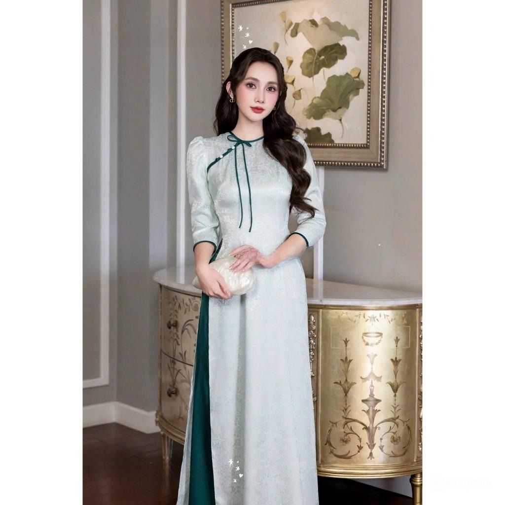 Áo Dài Nữ Thiết Kế Chiết Eo Tôn Dáng Chất Gấm Cao Cấp Bộ Áo Dài Cách Tân Quý Phái Mặc Đi Tiệc Cưới T1546G