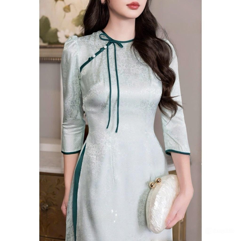 Áo Dài Nữ Thiết Kế Chiết Eo Tôn Dáng Chất Gấm Cao Cấp Bộ Áo Dài Cách Tân Quý Phái Mặc Đi Tiệc Cưới T1546G