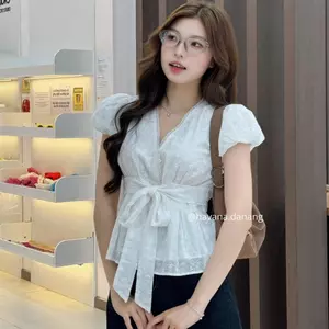 CÓ BIGSIZE - Áo kiểu nữ ELLA top thô boil tay bồng cổ V đắp chéo phối cách điệu nơ buộc AO729