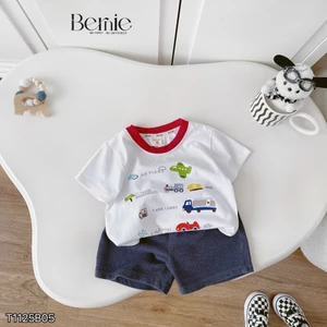 Bộ cotton cộc tay in hoạ tiết ô tô phối quần giả bò, set bộ thun cổ tròn cộc tay mềm mát