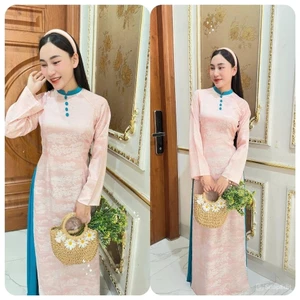 Áo Dài Cách Tân Nữ Gấm Thượng Hải Họa Tiết Phong Cảnh Phối Cổ Xanh Áo Dài Nữ Tay Dài SaNg Trọng T1550G