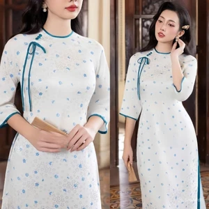 Áo Dài Cách Tân Nữ Trắng Hoa Xanh Nhí Cao Cấp Set Áo Dài Dáng Suông Phối Viền Xanh Thanh Lịch Sang Trọng T1552G
