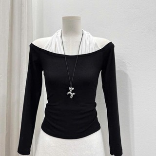 Áo Thun Dài Tay Nữ Cổ Yếm Phối Voan – Áo Trễ Vai Cotton Xịn Co Giãn 4 Chiều, Áo Trễ Vai