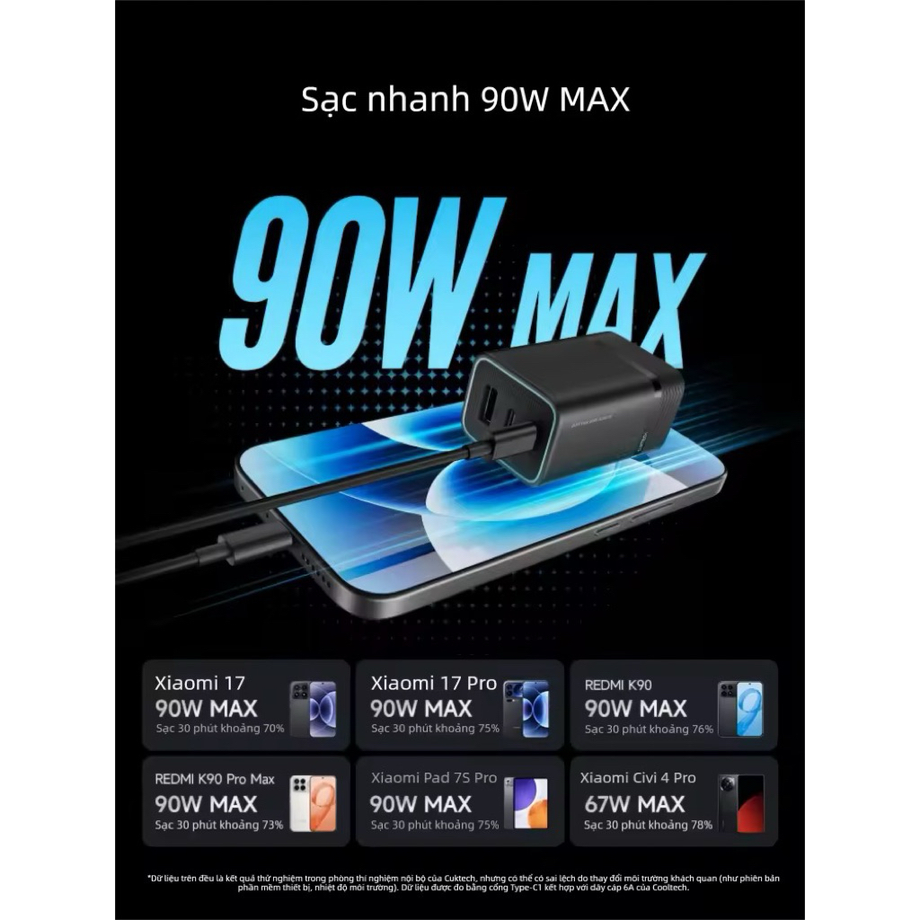 Củ sạc Cuktech 6 Mini PD 90W - Chính hãng - Bh 12 tháng