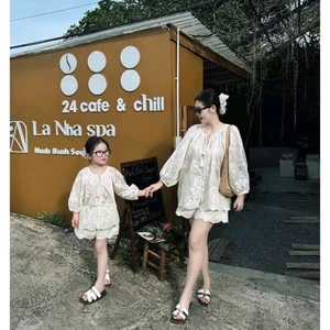 Set đồ Đùi Bé Gái Vải Thêu Thô Mùa Hè sét Bộ Cặp Mẹ Bé Phong Cách Tiểu Thư Nhẹ Nhàng cho mẹ và bé diện Đi Biển du lịch