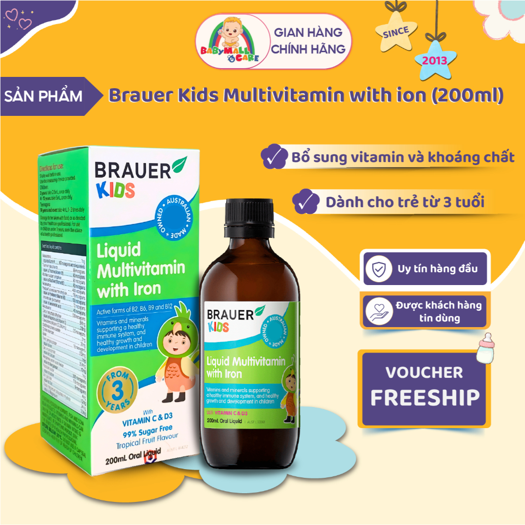 Siro Brauer Kids Liquid Multivitamin with Iron 200ml 3+ Hỗ Trợ  Miễn Dịch Cho Trẻ | Babymall & Care