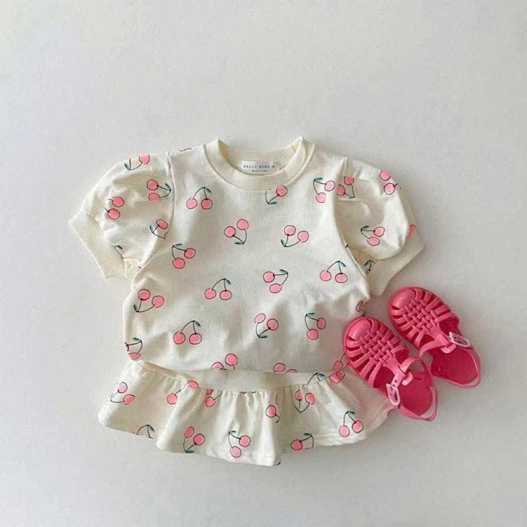 (Order) Bộ áo váy hoạ tiết cherry đáng yêu phong cách Hàn Quốc mùa hè dành cho bé gái