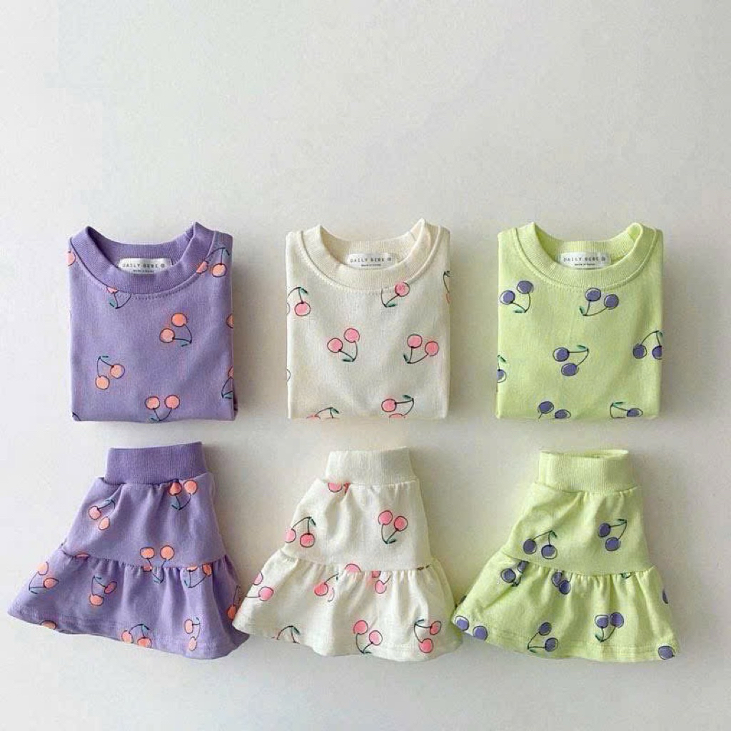 (Order) Bộ áo váy hoạ tiết cherry đáng yêu phong cách Hàn Quốc mùa hè dành cho bé gái