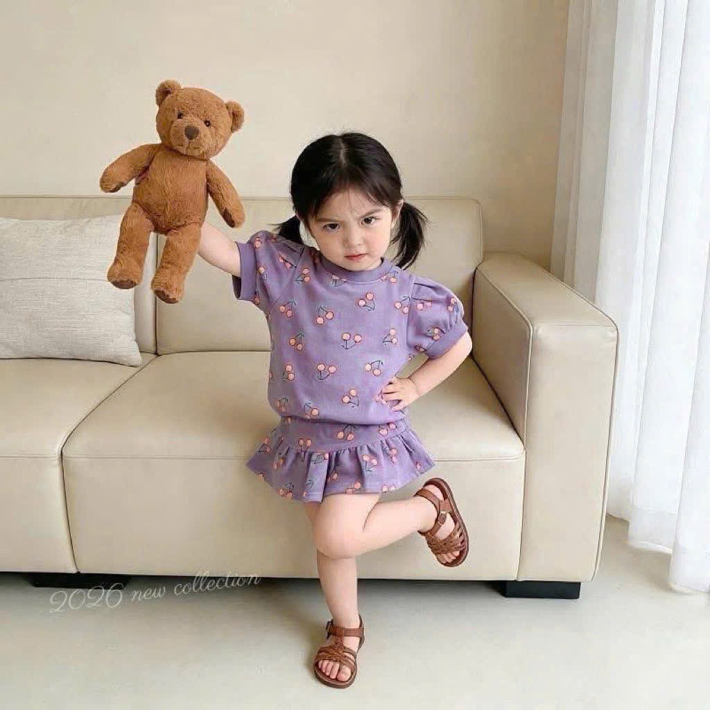 (Order) Bộ áo váy hoạ tiết cherry đáng yêu phong cách Hàn Quốc mùa hè dành cho bé gái