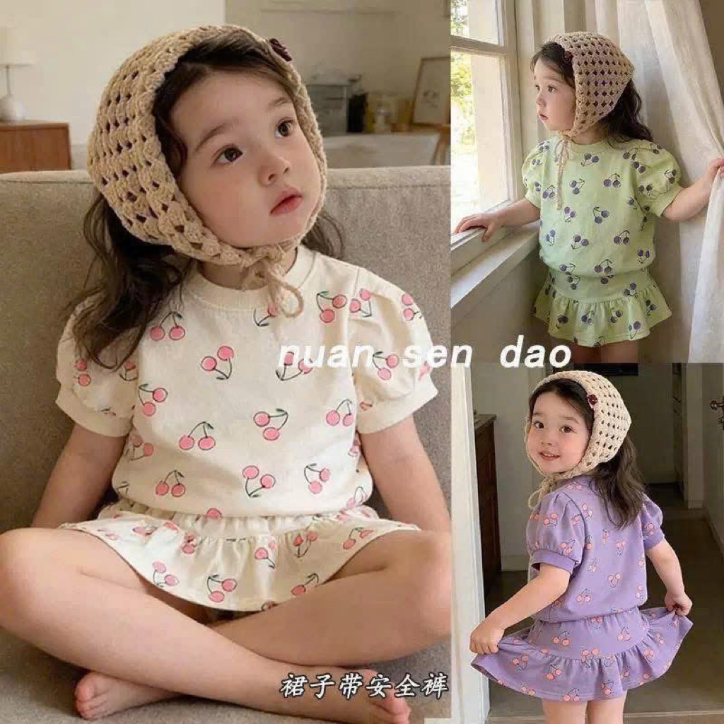 (Order) Bộ áo váy hoạ tiết cherry đáng yêu phong cách Hàn Quốc mùa hè dành cho bé gái