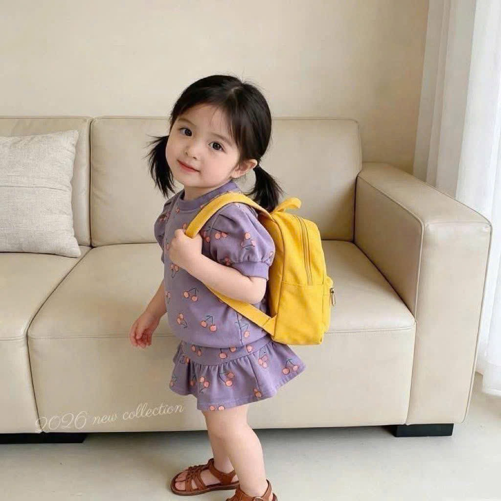 (Order) Bộ áo váy hoạ tiết cherry đáng yêu phong cách Hàn Quốc mùa hè dành cho bé gái