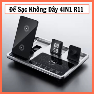 Đế Sạc Không Dây 4IN1 R11 – Sạc Nhanh Cho iPhone/Apple Watch/AirPods, Đồng Hồ LED, Cảm Ứng Touch