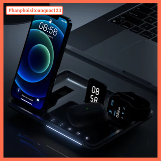 Đế Sạc Không Dây 4IN1 R11 – Sạc Nhanh Cho iPhone/Apple Watch/AirPods, Đồng Hồ LED, Cảm Ứng Touch