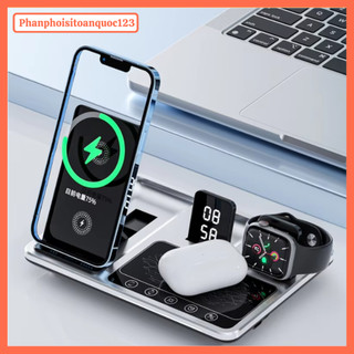 Đế Sạc Không Dây 4IN1 R11 – Sạc Nhanh Cho iPhone/Apple Watch/AirPods, Đồng Hồ LED, Cảm Ứng Touch