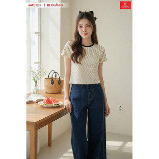 (Sẵn) 6ATC10  Áo thun nữ CARDINA cổ tròn chất liệu cotton chấm bi co dãn thoải mái kiểu dáng trẻ trung năng động 6ATC10