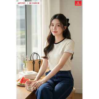 (Sẵn) 6ATC10  Áo thun nữ CARDINA cổ tròn chất liệu cotton chấm bi co dãn thoải mái kiểu dáng trẻ trung năng động 6ATC10