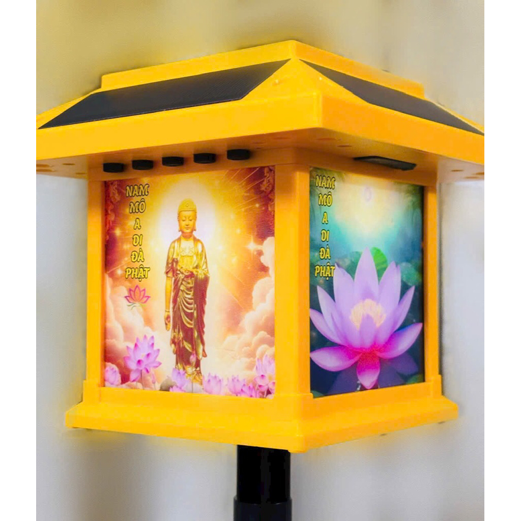 Máy niệm Phật tụng kinh Địa Tạng hình ngôi nhà sử dụng năng lượng mặt trời hỗ trợ khe cắm thẻ nhớ phát sáng khi trời tối