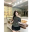 _DORY CHIC_Áo kẻ trễ vai tay cộc có bo eo hông mix chân váy lẻ rời siêu xinh A002