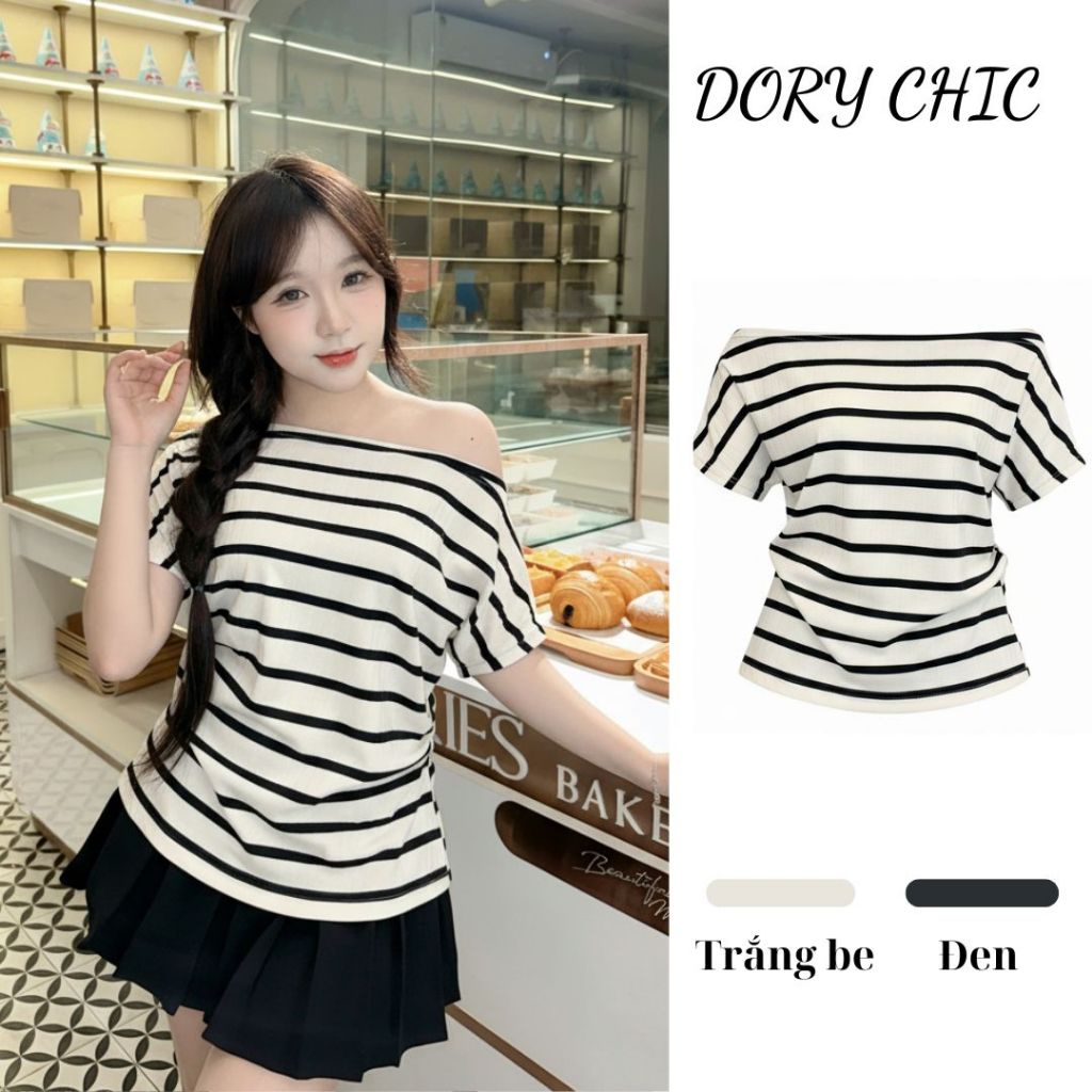 [SALE VUI 7.7]_DORY CHIC_Áo kẻ trễ vai tay cộc có bo eo hông mix chân váy lẻ rời siêu xinh A002