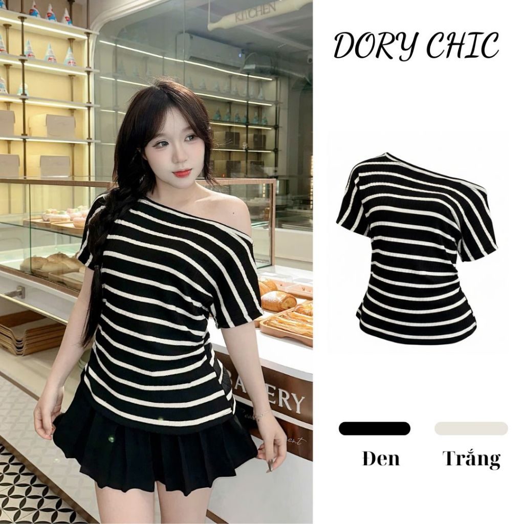[SALE VUI 7.7]_DORY CHIC_Áo kẻ trễ vai tay cộc có bo eo hông mix chân váy lẻ rời siêu xinh A002