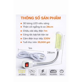 Đèn LED Cổ Ngỗng Máy May 30 Bóng – Siêu Sáng, Cắm Điện 220V, Công Tắc Tiện Lợi