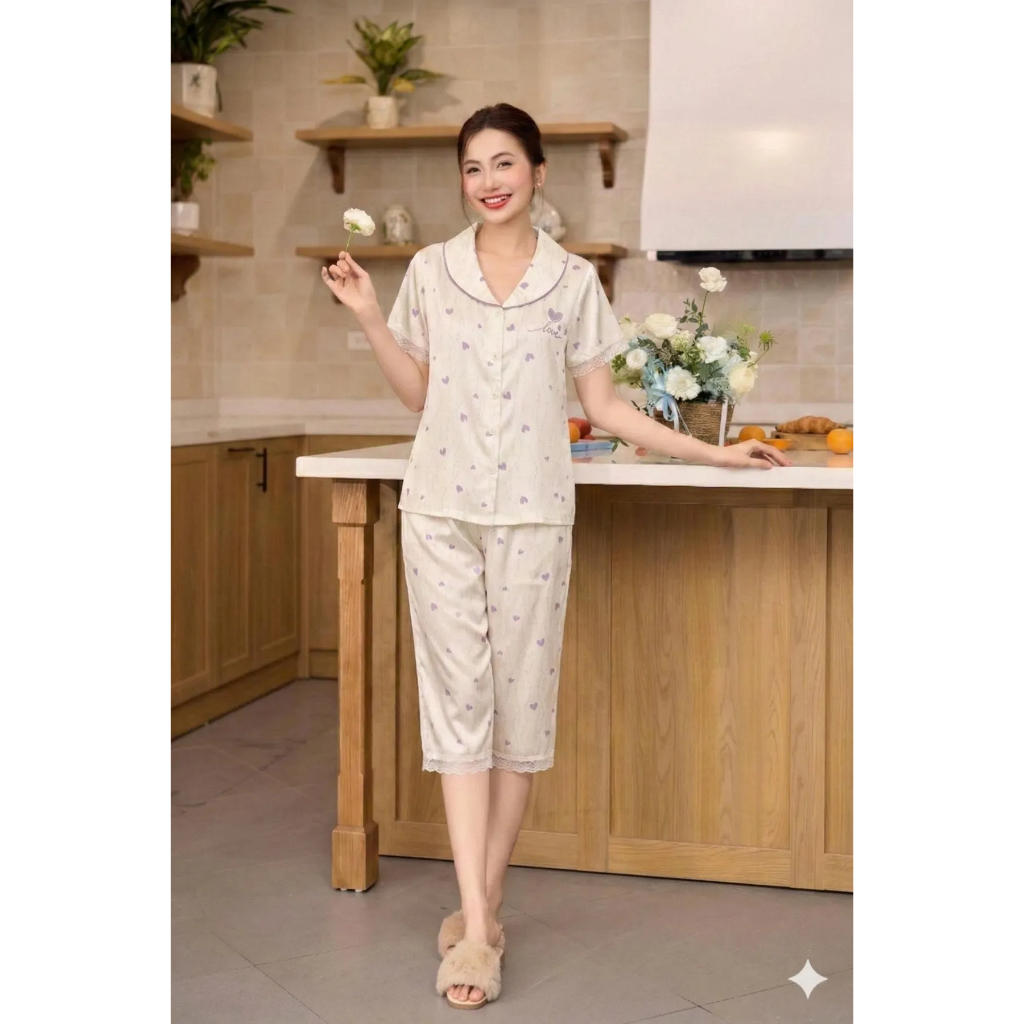 ST9351 Bộ pijama nữ lụa latin ht độc quyền áo cộc quần ngố