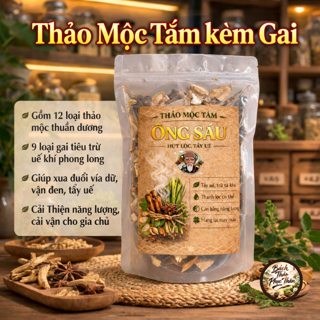 Gói Xông Tắm Kèm Gai gồm 12 Loại Thảo Mộc và 9 loại gai rừng tiêu trừ uế khí, phong long