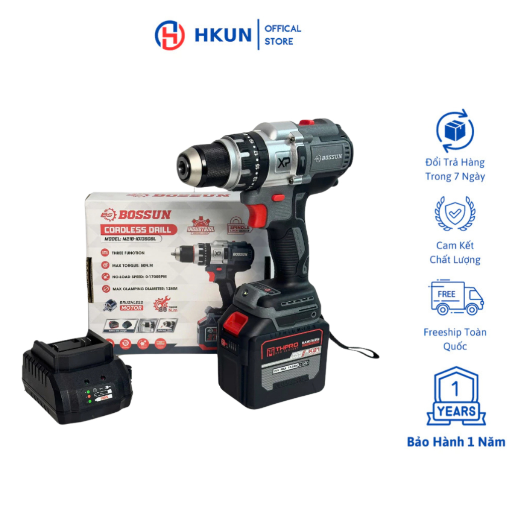 Máy Khoan Pin BOSHUN M21B-ID1380BL 3 Chức Năng, Đầu Kẹp 13mm Autolock, Chân Pin Phổ Thông