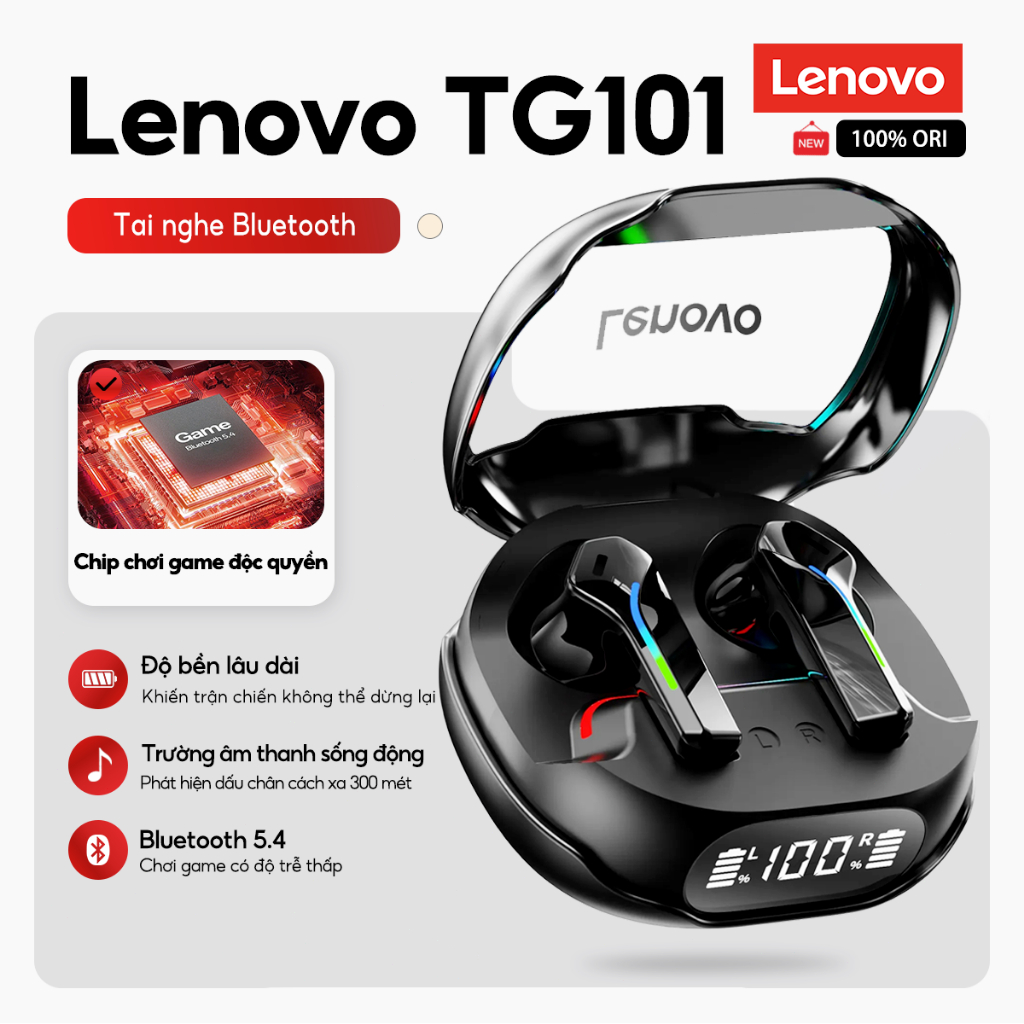 Tai nghe chơi game Bluetooth Lenovo TG101 TWS âm thanh nổi HD, pin lâu, độ trễ thấp, có micro, hiệu ứng đèn RGB