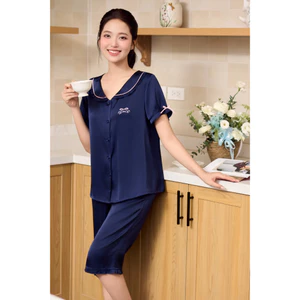ST9352 Bộ pijama nữ lụa latin áo cộc quần ngố