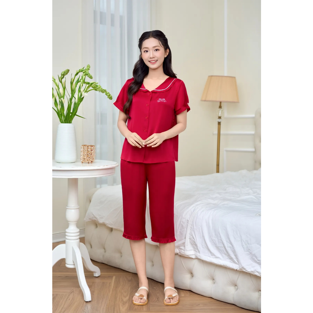 ST9352 Bộ pijama nữ lụa latin áo cộc quần ngố