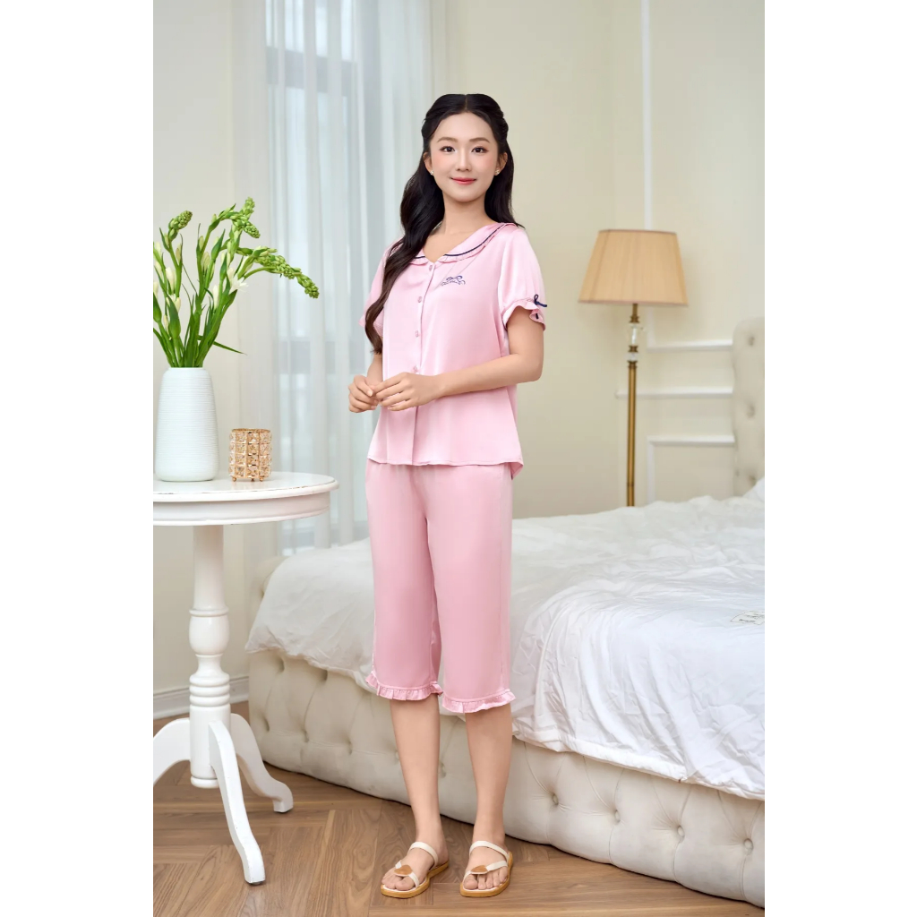 ST9352 Bộ pijama nữ lụa latin áo cộc quần ngố