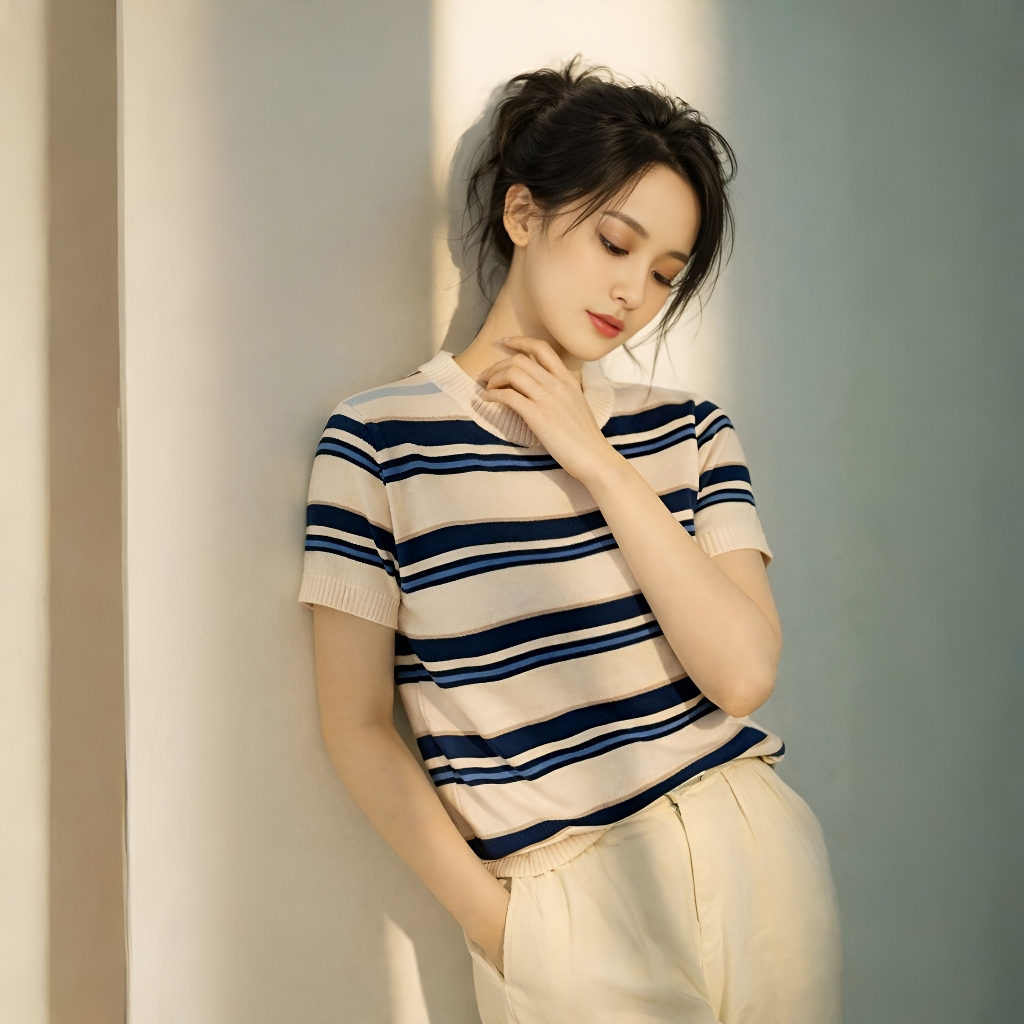 Áo Len Mirage Sọc Kem, Chất Len Mongtoghi Mềm Mịn Thoáng Mát, Có Kèm Hình Thật.
