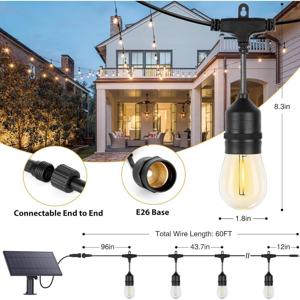 Đèn Dây Năng Lượng Mặt Trời S14 15M 15 Bóng,IP65 Chống Nước,Điều Khiển Từ Xa,Ánh Sáng Trắng Cắm Trại