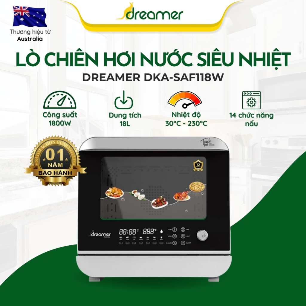 Lò Chiên Hơi Nước Siêu Nhiệt DREAMER DKA-SAF118W Dung Tích thực 18L, chiên không dầu, hấp, nướng, ủ sữa chua, tự vệ sinh