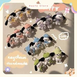 Móc Khoá Len Nhung Puppy Cún Chó Pochacco Trắng Đen Đốm Đội Mũ Handmade Dễ Thương