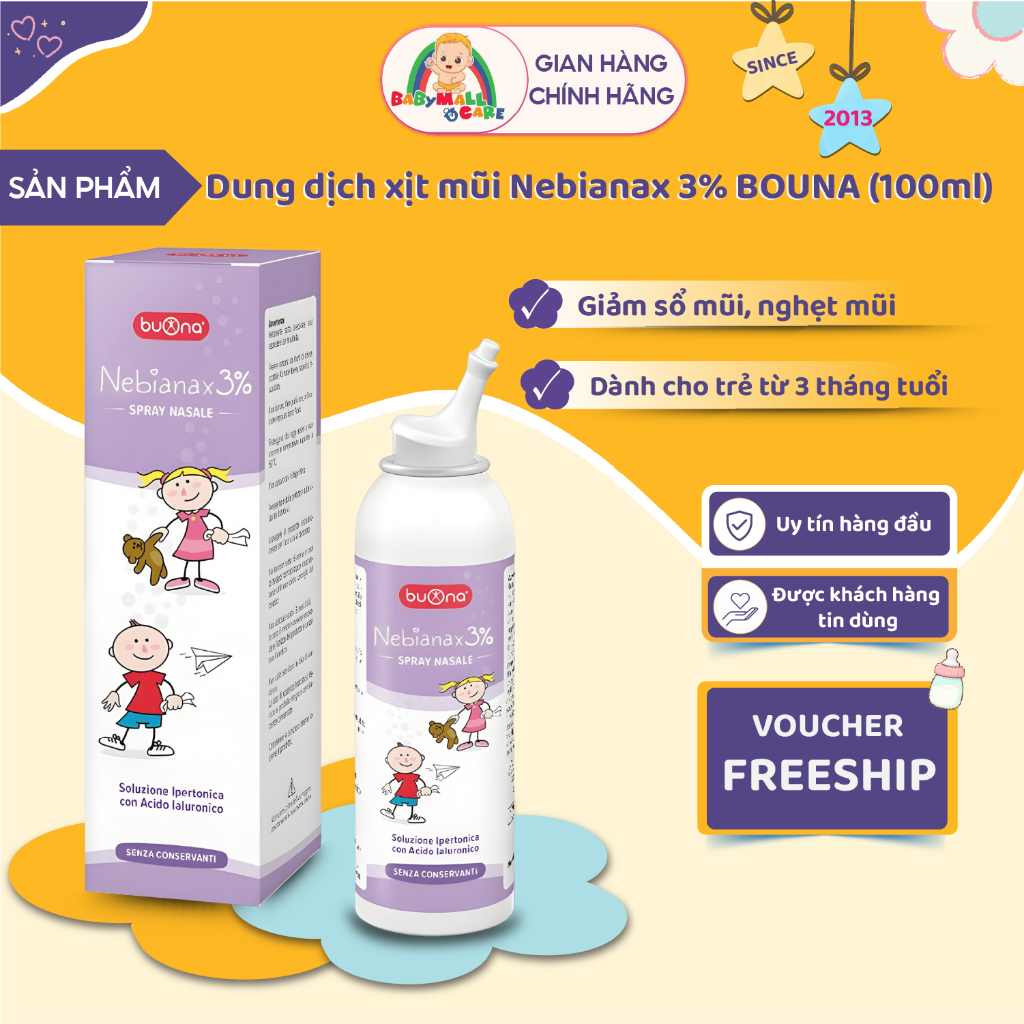 Xịt Mũi Nebianax 3% BOUNA 100ml  Giúp Giảm Sổ Mũi Nghẹt Mũi Cho Bé Từ 3 Tháng | Babymall & Care