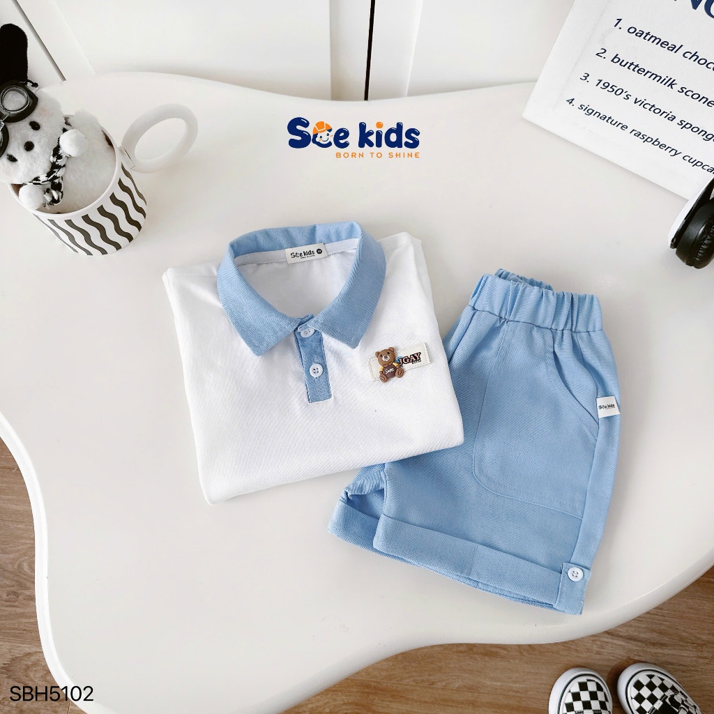 Bộ polo cộc tay phối tag gấu dễ thương bé trai, set polo bé trai đi học đi chơi