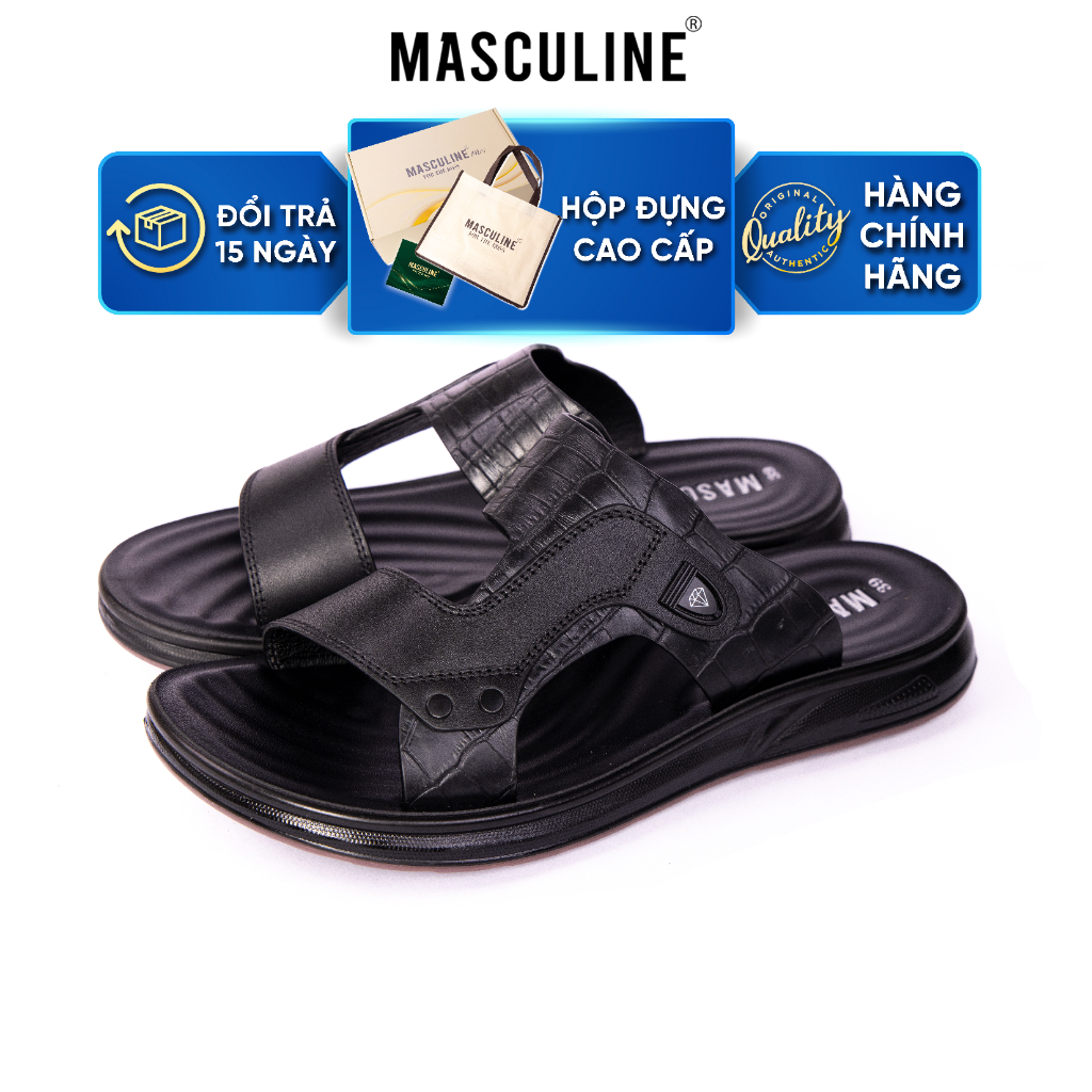 Dép nam trung tuổi MASCULINE MDL601 quai chắp da bò cao cấp họa tiết vân cá sấu đế PU chống trơn