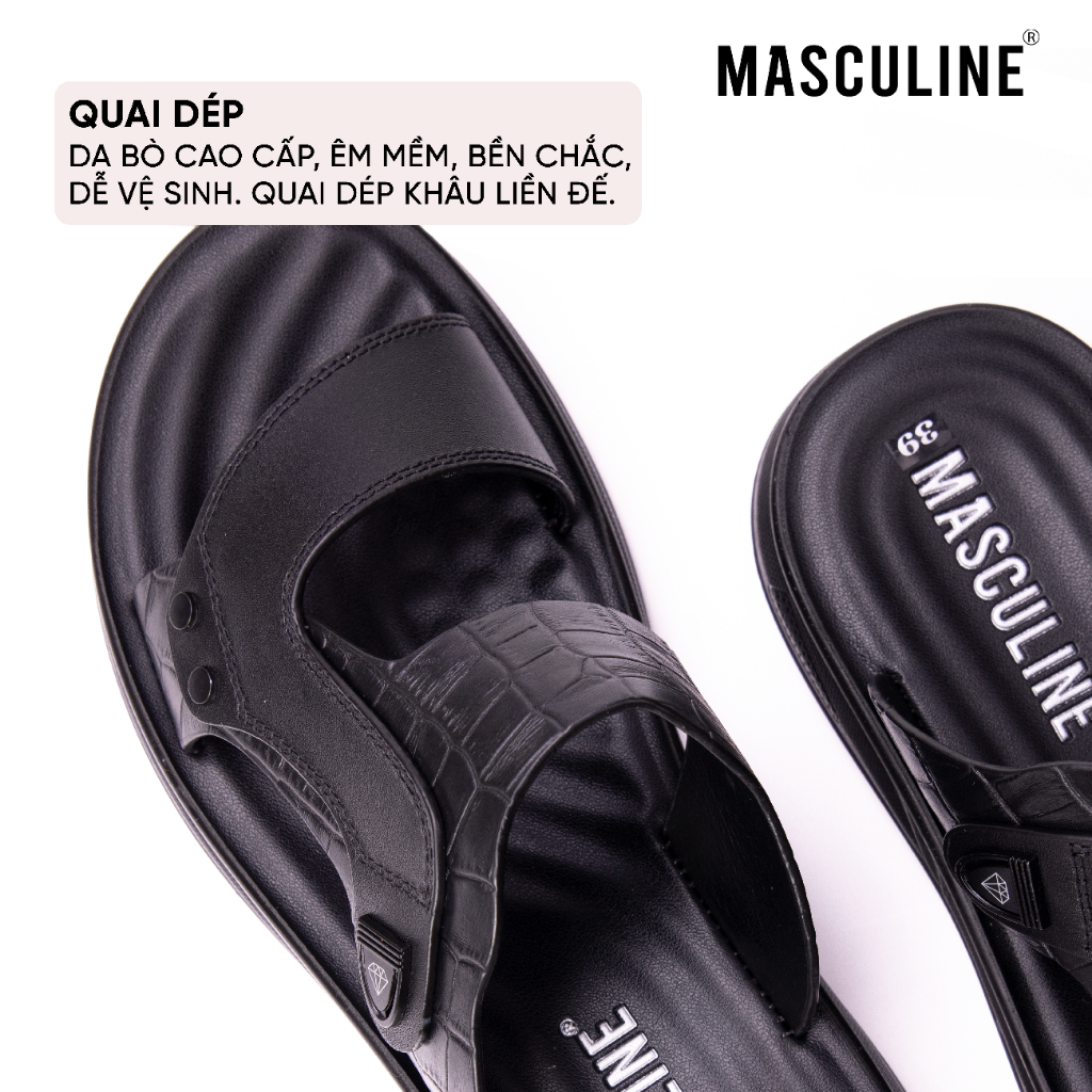 Dép nam trung tuổi MASCULINE MDL601 quai chắp da bò cao cấp họa tiết vân cá sấu đế PU chống trơn