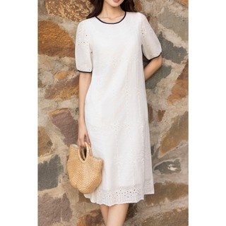 SWANLAKE | Váy Đầm Nữ Midi Vải Cotton Thêu Đục Lỗ Cổ Tròn Tay Ngắn Phồng Công Sở Dạo Phố D13482