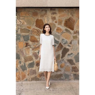 SWANLAKE | Váy Đầm Nữ Midi Vải Cotton Thêu Đục Lỗ Cổ Tròn Tay Ngắn Phồng Công Sở Dạo Phố D13482