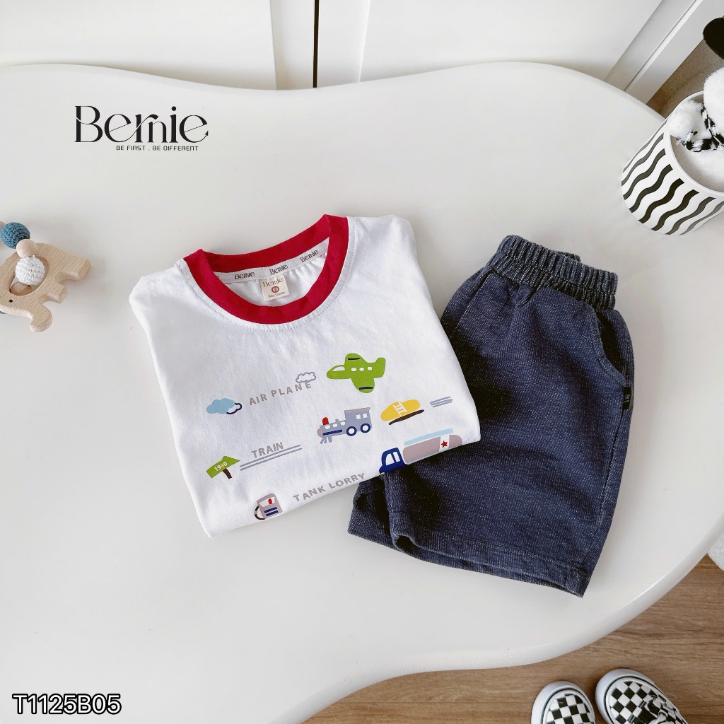 Bộ cotton cộc tay in hoạ tiết ô tô phối quần giả bò, set bộ thun cổ tròn cộc tay mềm mát