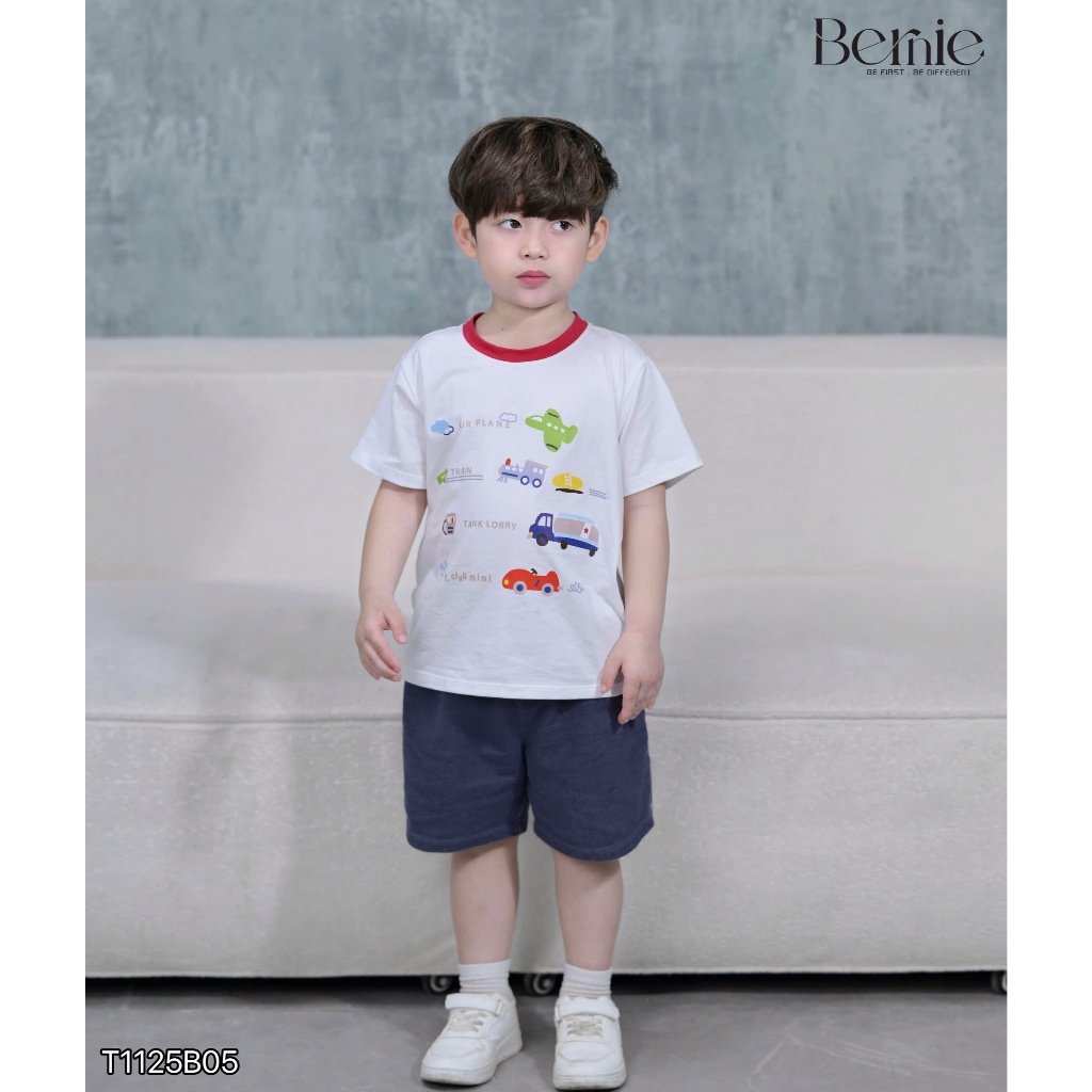 Set cộc tay Bernie in họa tiết traffic sắc màu phối quần short da cá cho bé trai 9-28kg