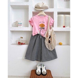 Set bộ đồ bé gái phong cách tiểu thư M5282 – Áo thun cotton in hình họa tiết phối nơ ren + quần kẻ ống suông cotton mềm