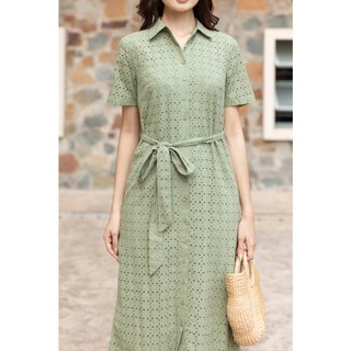 SWANLAKE | Váy Đầm Nữ Suông Vải Cotton Thêu Đục Lỗ Cổ Sơ Mi Tay Ngắn Dây Thắt Eo Công Sở D13483