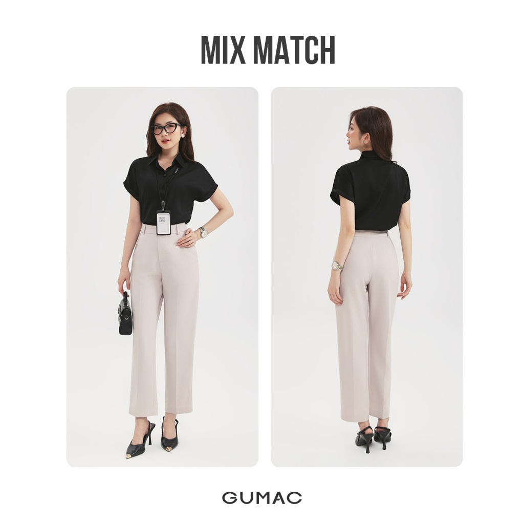 Áo Sơ Mi Nữ Tay Ngắn GUMAC Form Suông Cơ Bản Chất Liệu Lụa Mềm Mát Phối Tay Lật Lai AE04036