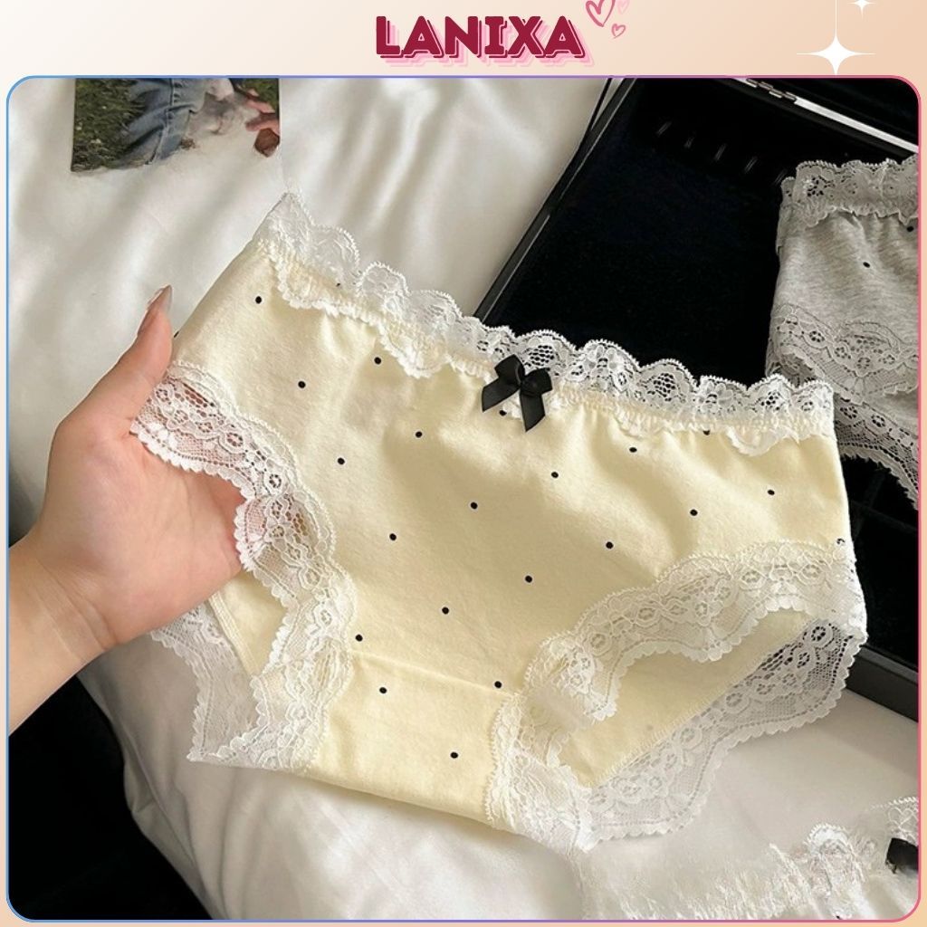 Quần lót nữ cotton viền ren sang trọng cạp vừa tôn dáng sexy họa tiết chấm bi đáng yêu LANIXA L5410