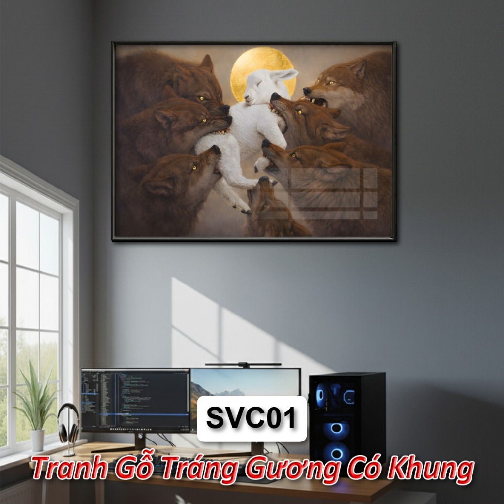 Bộ Sưu Tập Tranh Gỗ Tráng Gương Sói & Cừu – Nghệ Thuật Đối Lập Đầy Ẩn Ý Khung Composite Decor Treo Tường